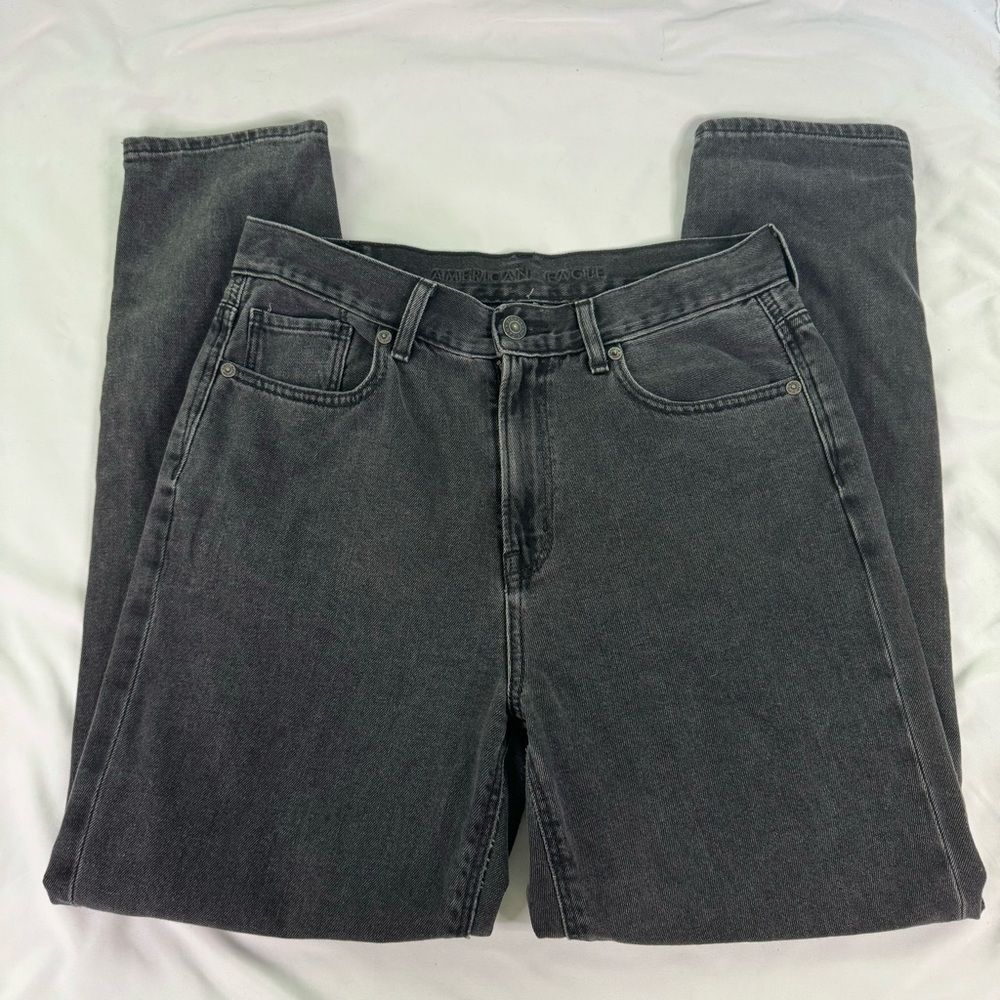 American Eagle Size 4 Black Denim Mom Jean Stretch Zip Fly Straight Leg Hi Rise